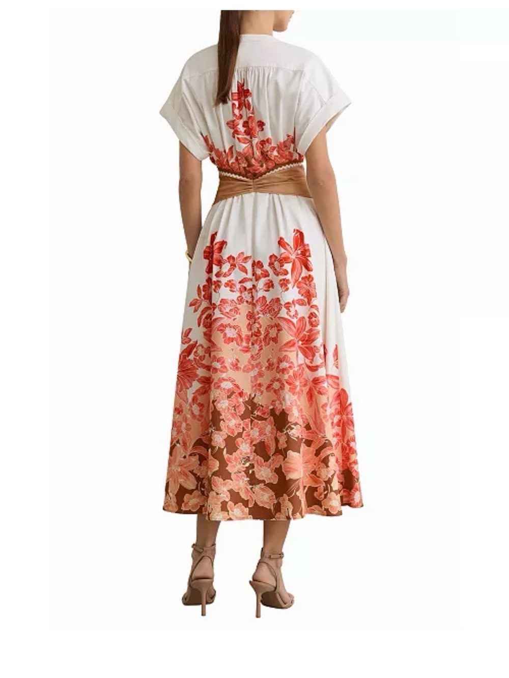 Reiss Sawyer Dress. Coral Floral Belted Midi Dress with Tan Belt - Picture 2 of 8